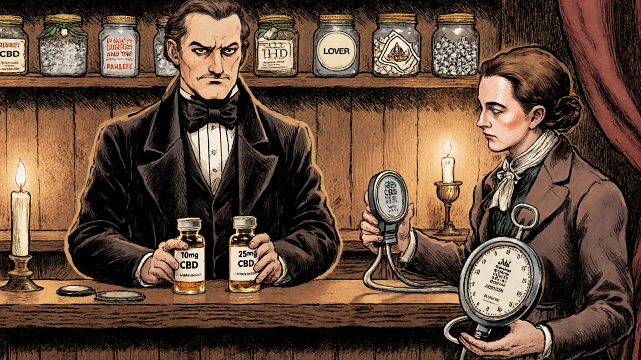 A pharmacist showing two CBD vials to a worried patient, with mislabeled bottles on the shelf behind them.