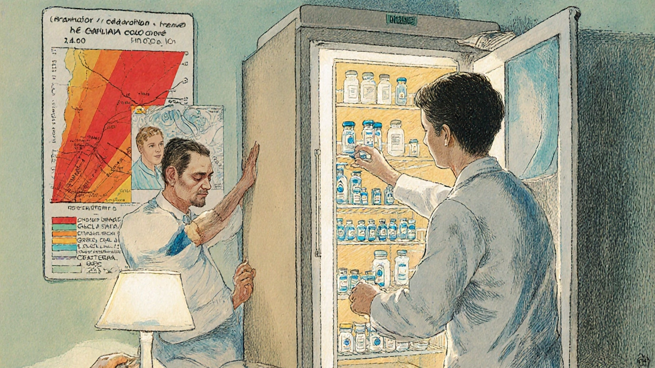 A pharmacist storing vaccines in a fridge center while a temperature map shows heat variance, with caregivers learning nearby.