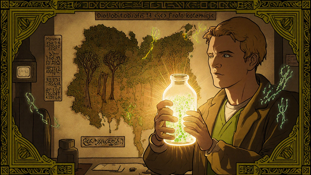 A scientist with probiotics restoring gut health, glowing bacteria contrasting with dying microbes, surrounded by gene runes in historic medical style.