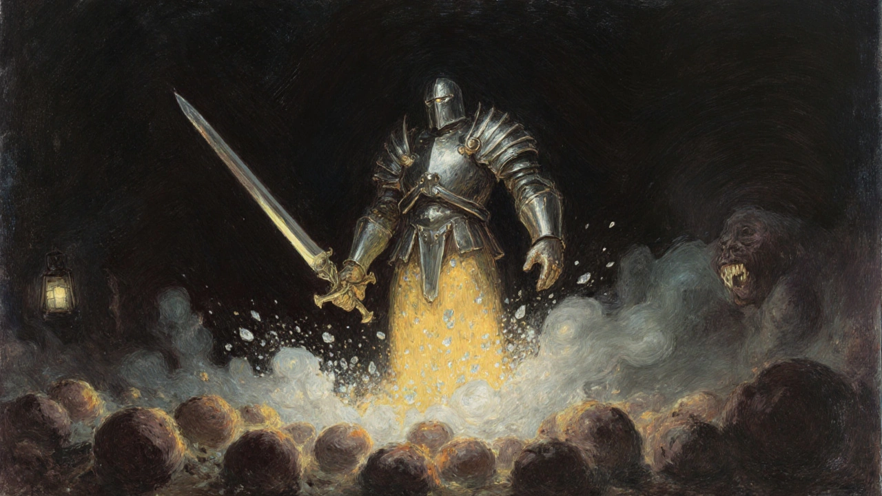 A warrior figure transforms uric acid crystals into mist, defeating tophi in a dramatic battle, Howard Pyle style.