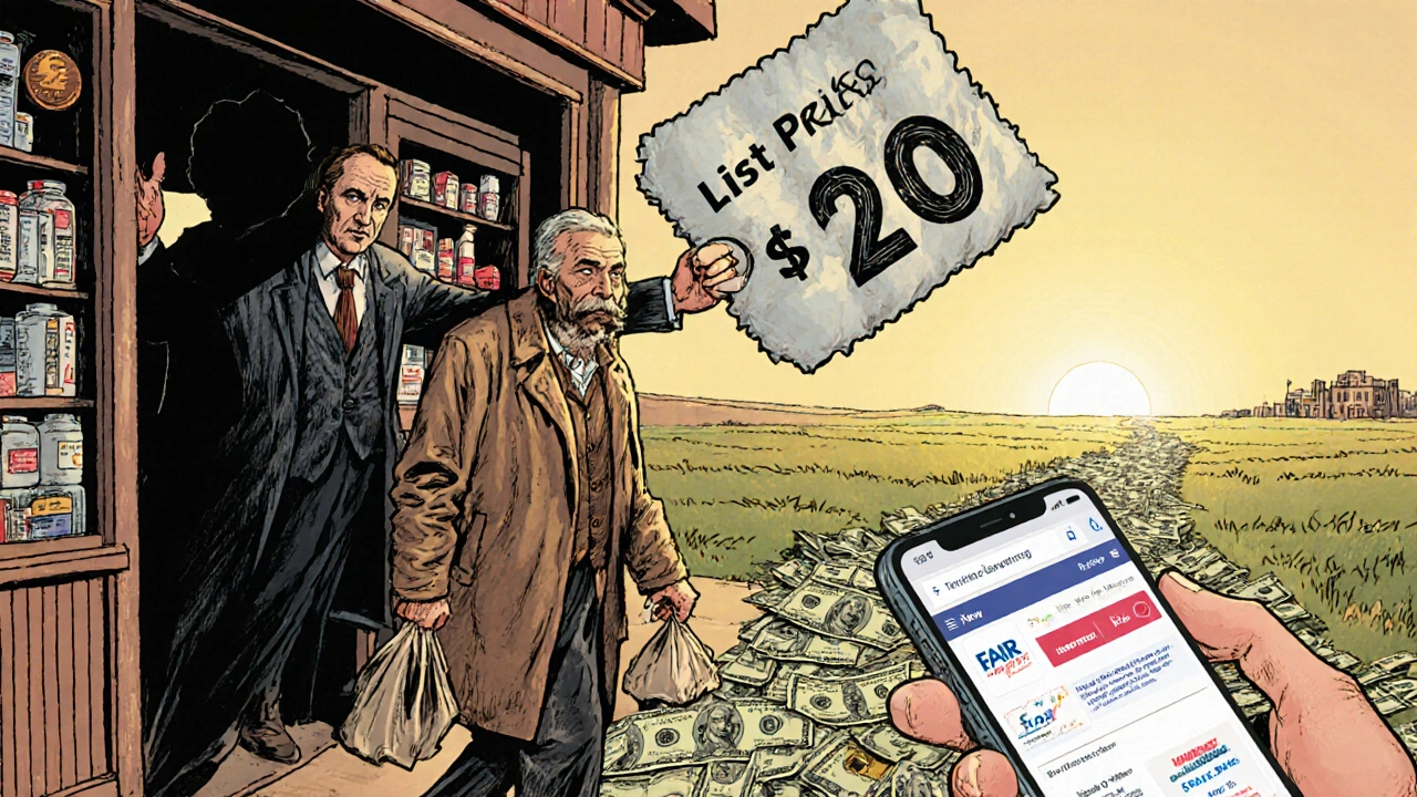 An elderly man leaving a pharmacy as a giant inflated price tag deflates behind him, holding a device showing a cost tool.