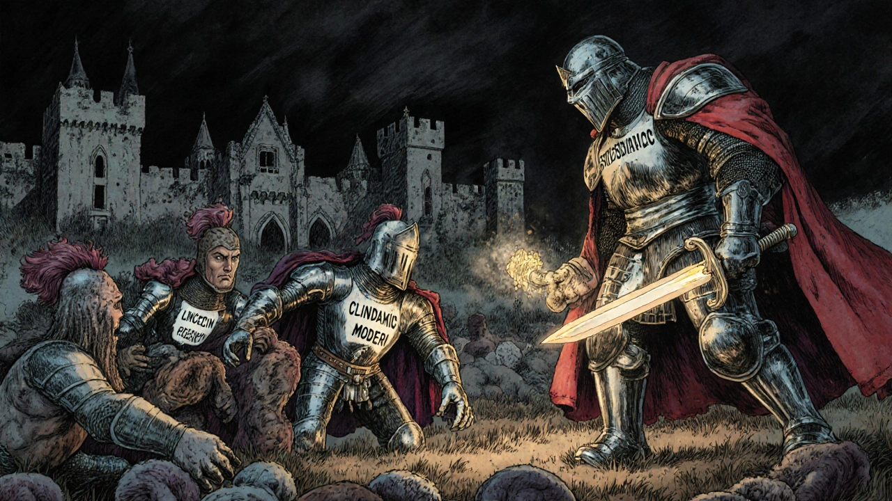 Battle between antibiotic knights and bacteria in medieval style battlefield