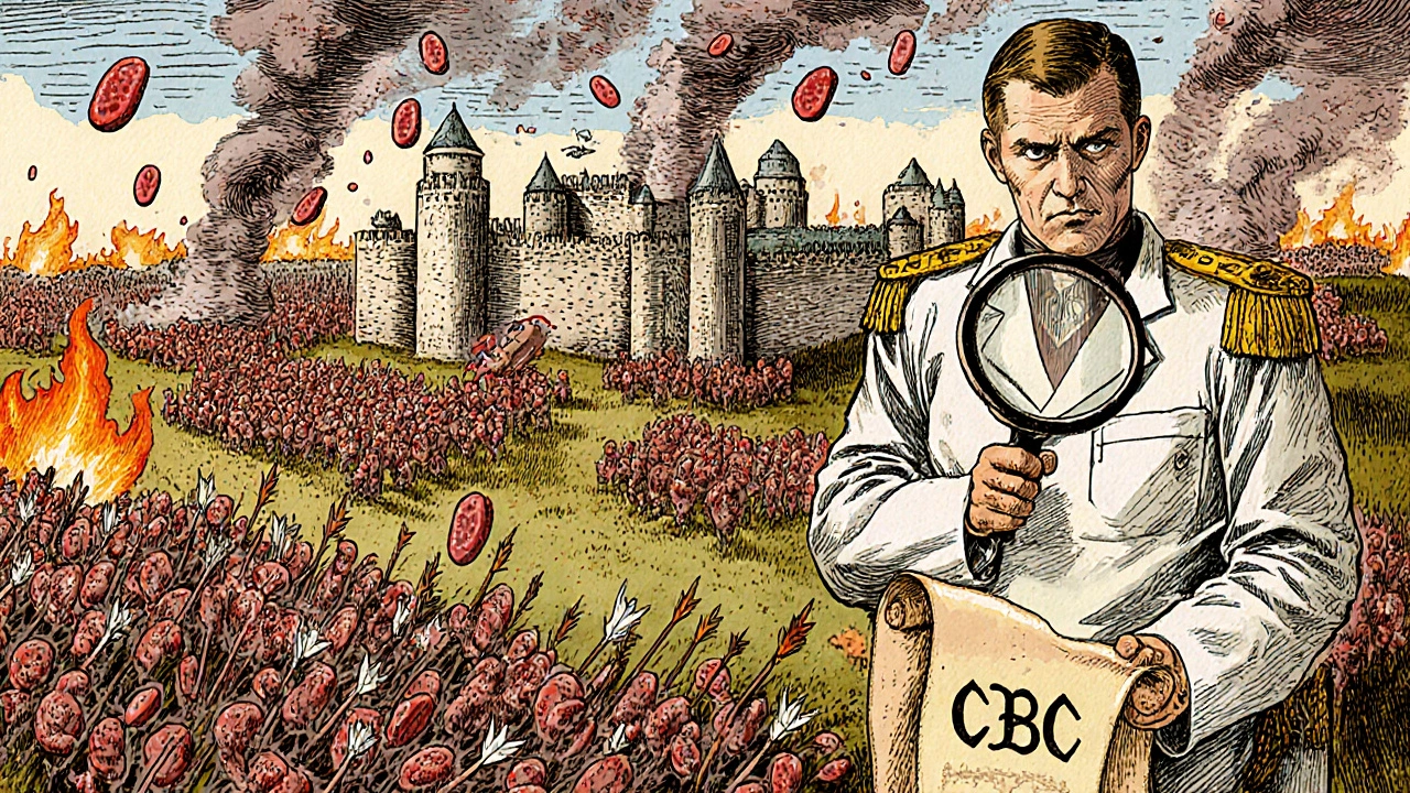 Battlefield inside bone marrow with blood cells falling as hydroxyurea arrows strike, doctor observing.