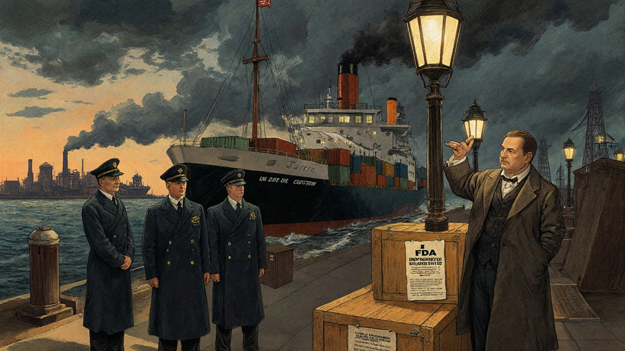 Border officers blocking cargo ships with illegal vapes and drugs, under a stormy sky, in Howard Pyle style.