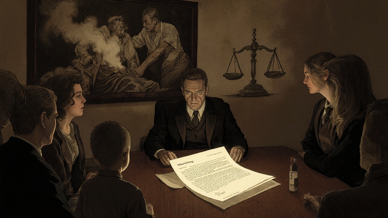 Company leaders reacting to a warning letter, with symbolic murals of public harm in the background, in Howard Pyle style.