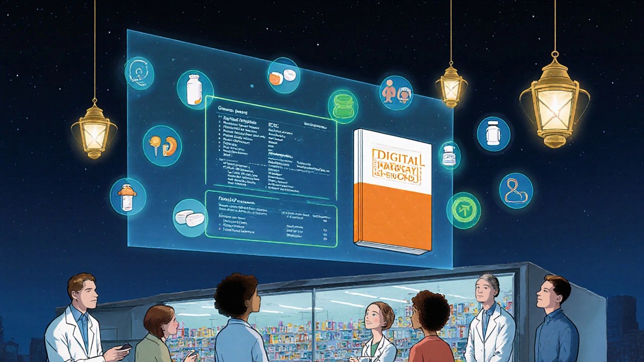 Digital projection of the future Orange Book with real-time drug approvals above a modern pharmacy.