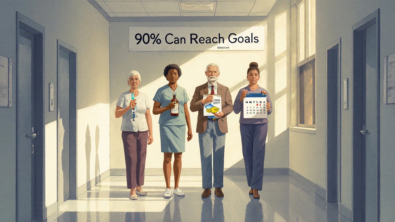 Diverse patients holding non-statin treatments in sunlit clinic, banner reading &#039;90% Can Reach Goals&#039;.