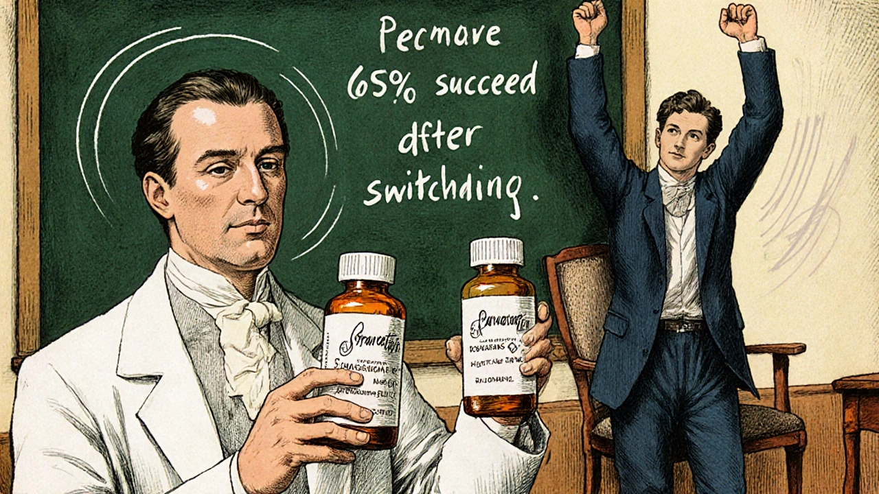 Doctor holding two statin bottles as patient stands tall, chart showing success rates behind them.