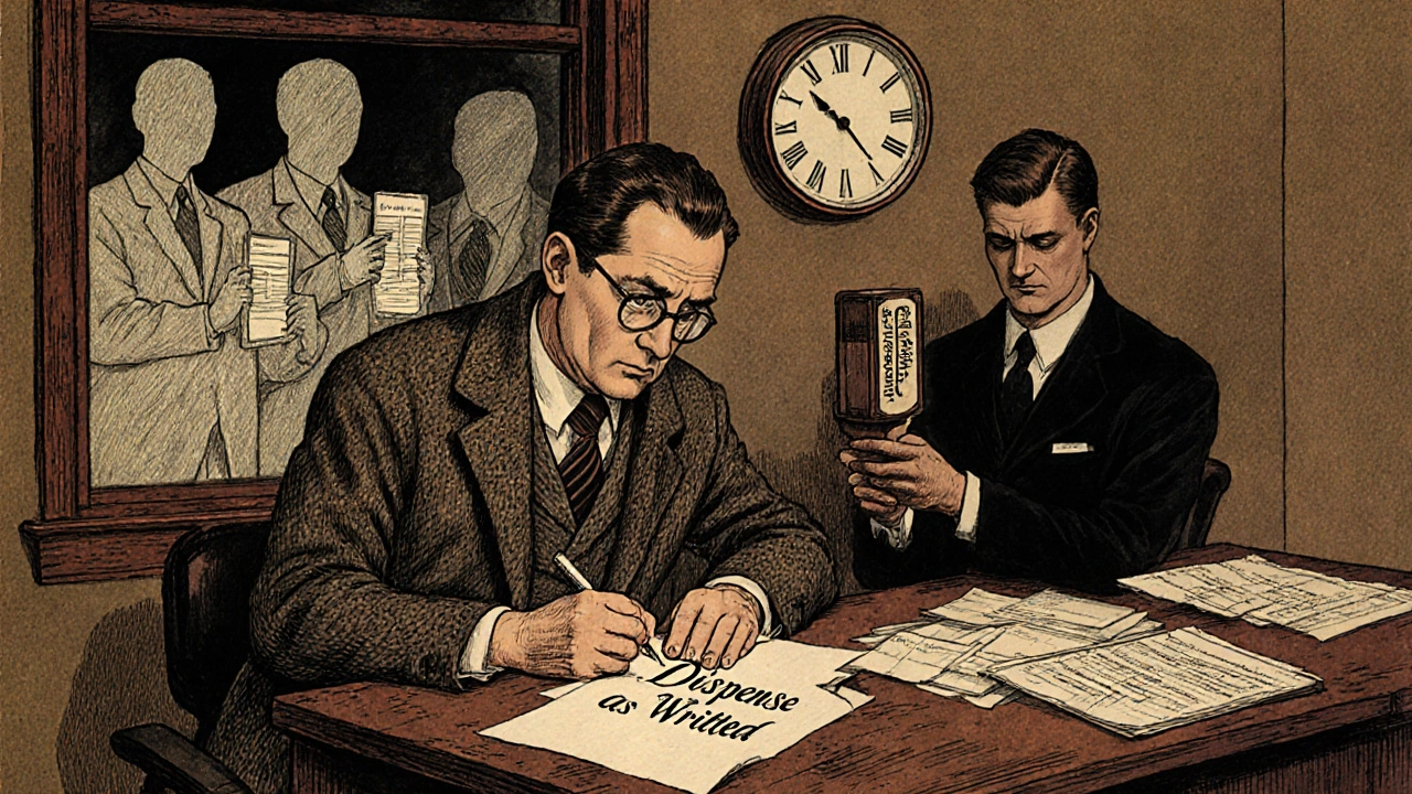 Doctor writing &#039;Dispense as Written&#039; while insurance clerk observes with a prior authorization stamp.