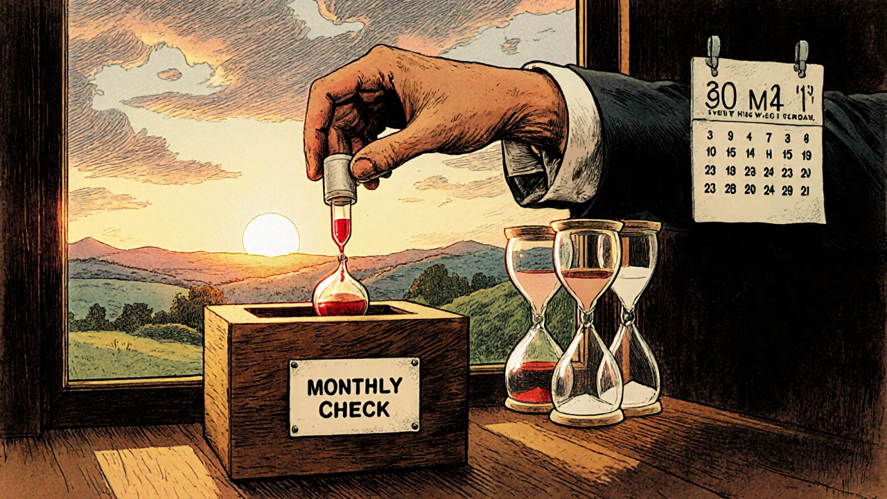 Hand placing blood vial in a box marked &#039;Monthly Check&#039; as an hourglass tracks blood cell levels.