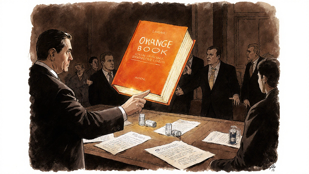 Lawyer pointing to a glowing Orange Book in a courtroom surrounded by patent documents.