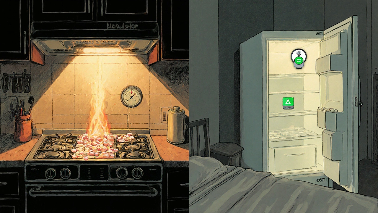 Melting pills in a hot kitchen cabinet contrasted with a properly cooled medical fridge in a quiet bedroom.