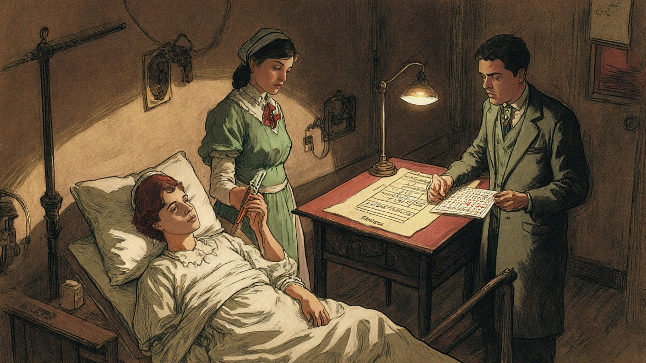 Nurse giving Lincocin injection while doctor compares antibiotics on parchment chart