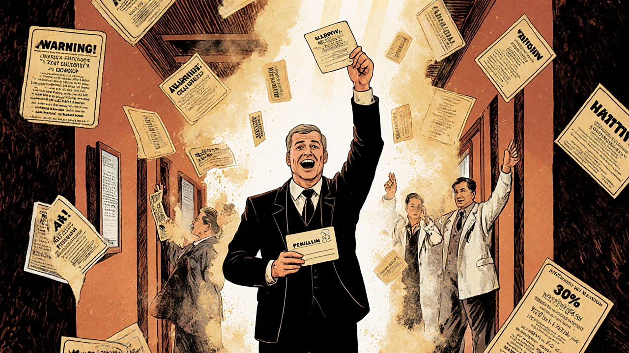 Patient holding a cleared medical card as old allergy labels fade away, symbolizing liberation from false diagnosis.