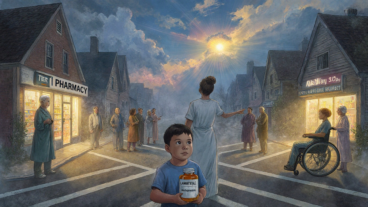 Patients at a crossroads choosing between generic and brand-name pharmacies under a twilight sky.