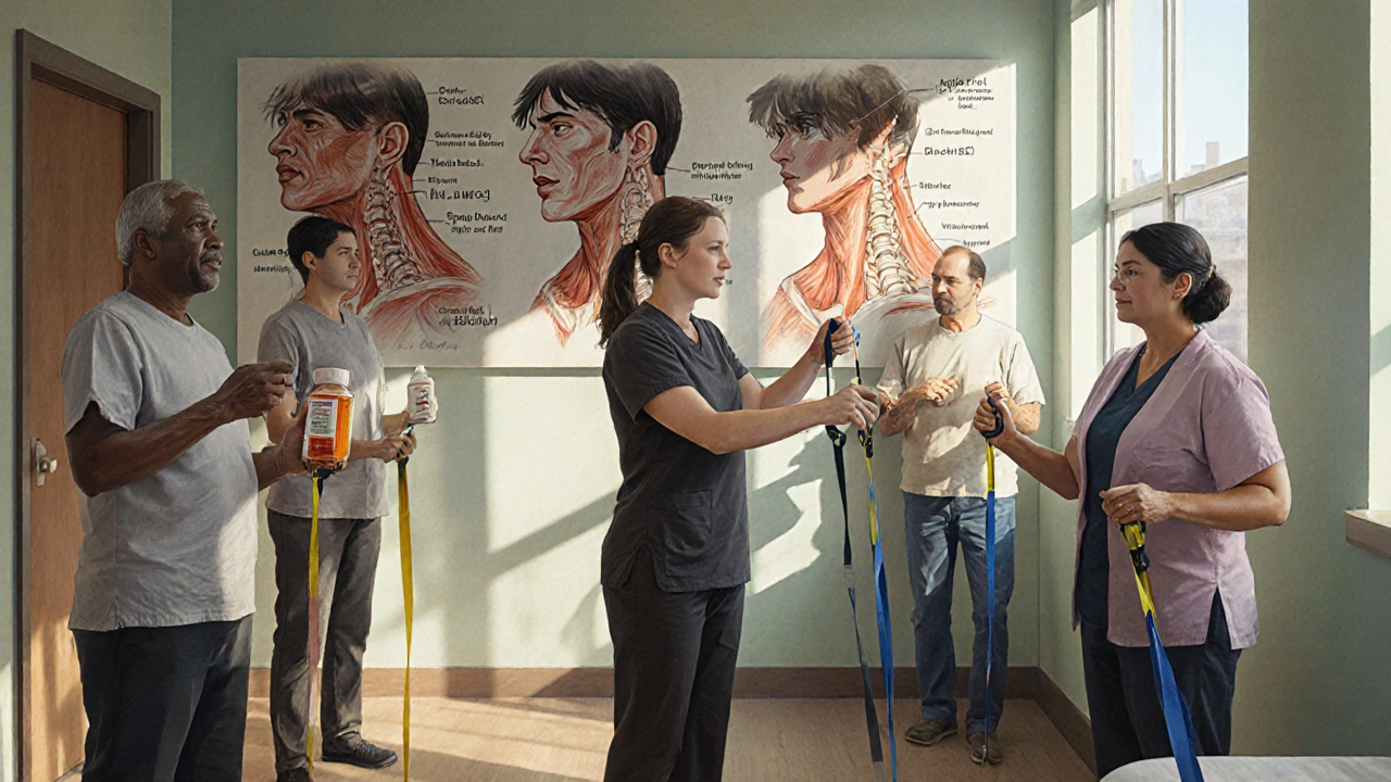 Patients in clinic holding ineffective remedies, guided by therapist using resistance band, anatomical mural in background.