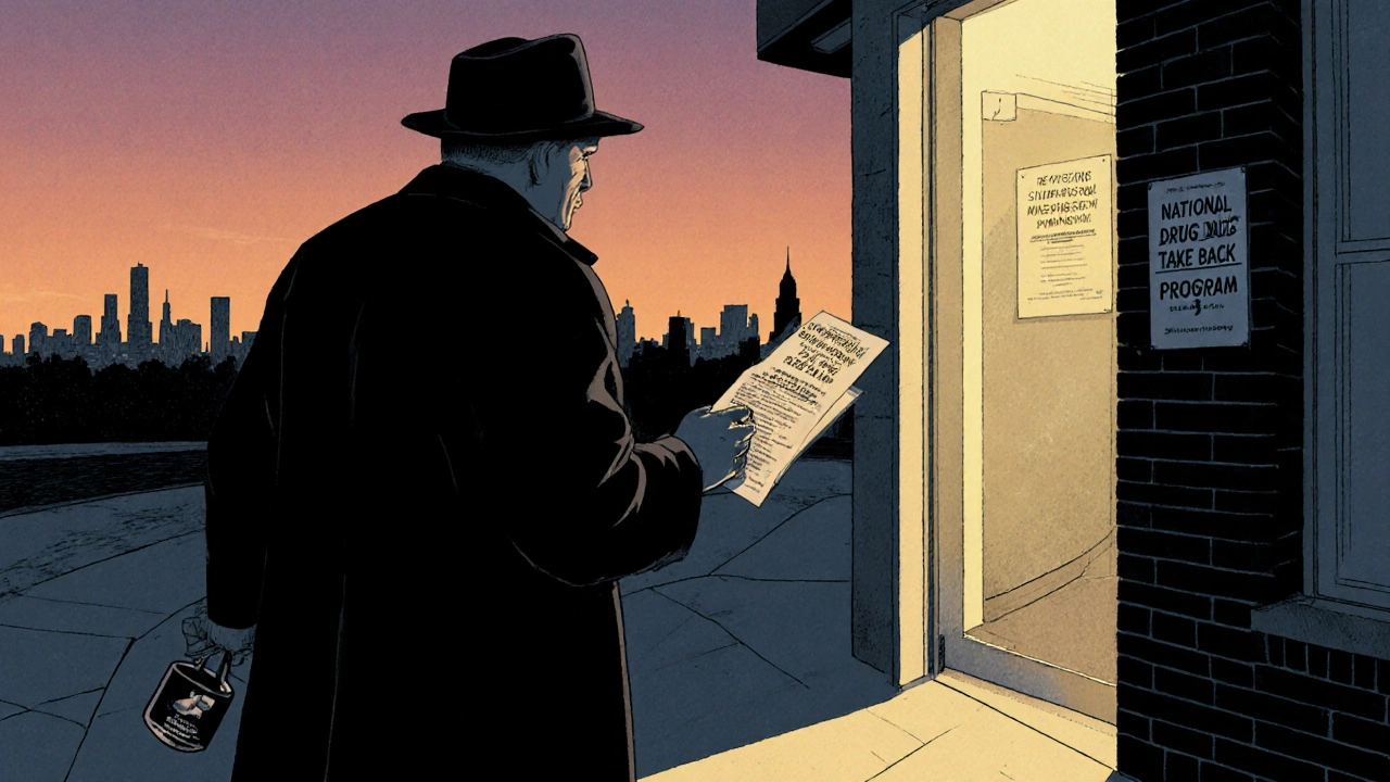 Someone walking to a pharmacy to safely dispose of an expired medication sample at dusk.