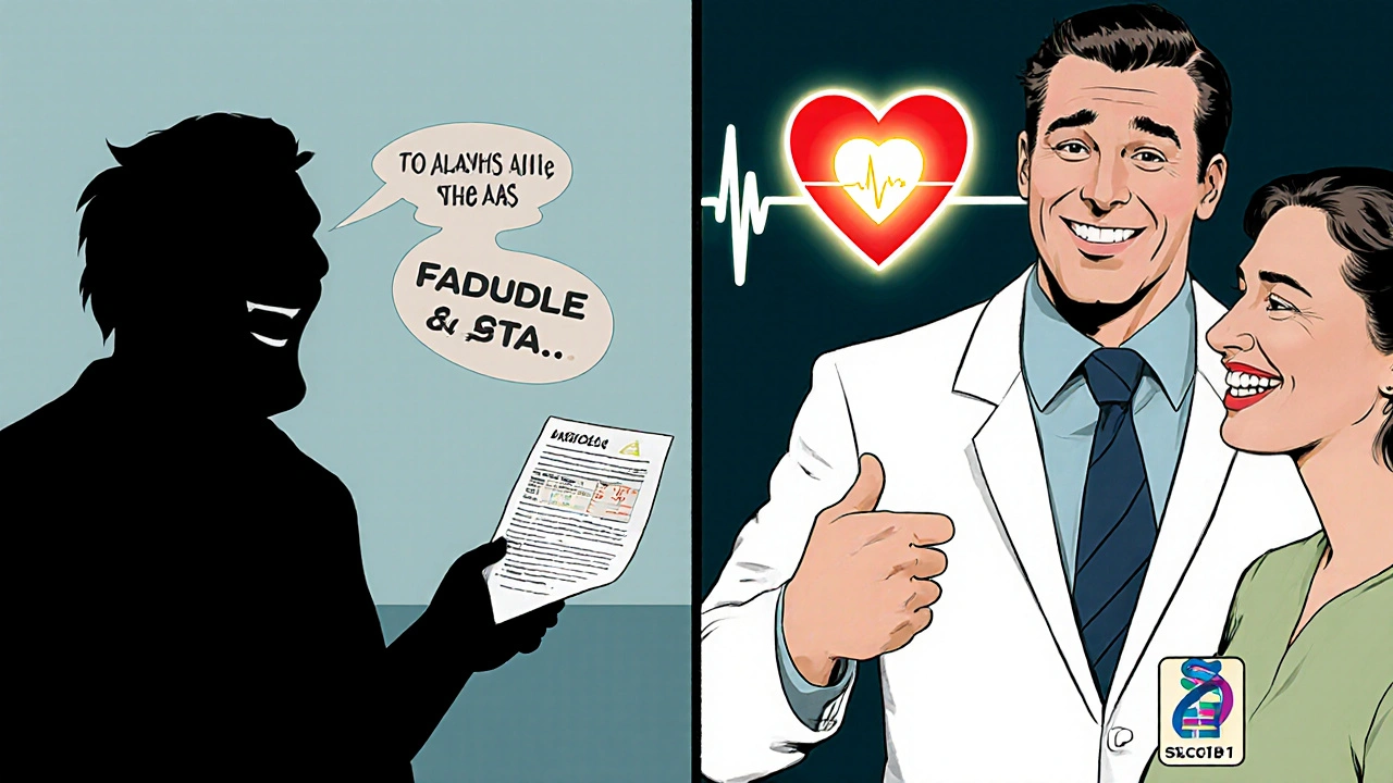 Split scene: one side shows unnecessary statin discontinuation, the other shows informed, confident care.