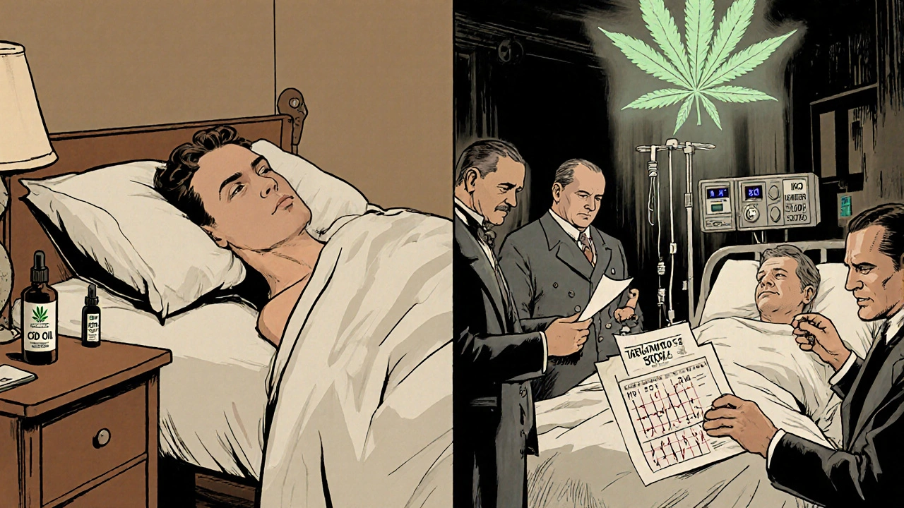 Split scene: peaceful sleep vs. hospital emergency, with a ghostly cannabis leaf looming over both.