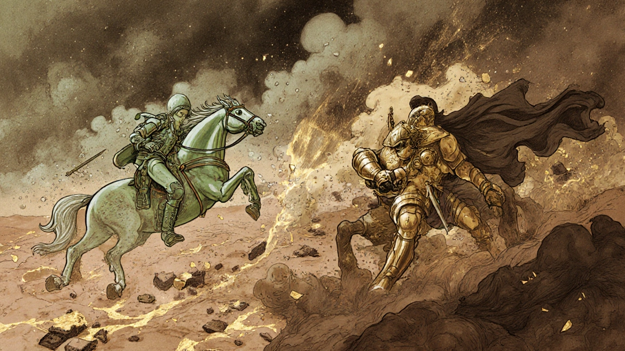 Symbolic battle of skin cells: adapalene and tretinoin as armies transforming skin layers in rich historical illustration style.