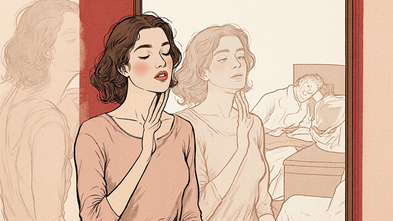 Woman doing chin tuck exercise, past bad postures fading behind her, in classic illustrative style.