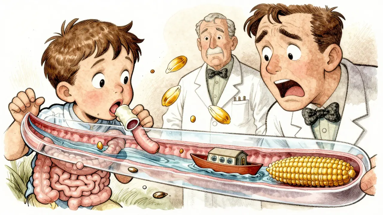 A child swallows gum while a transparent view shows it passing naturally through the digestive system.