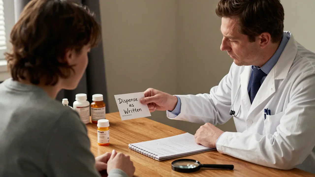 A doctor and patient review a prescription with 'Dispense as Written' written on it, surrounded by medication logs and a single branded pill bottle.