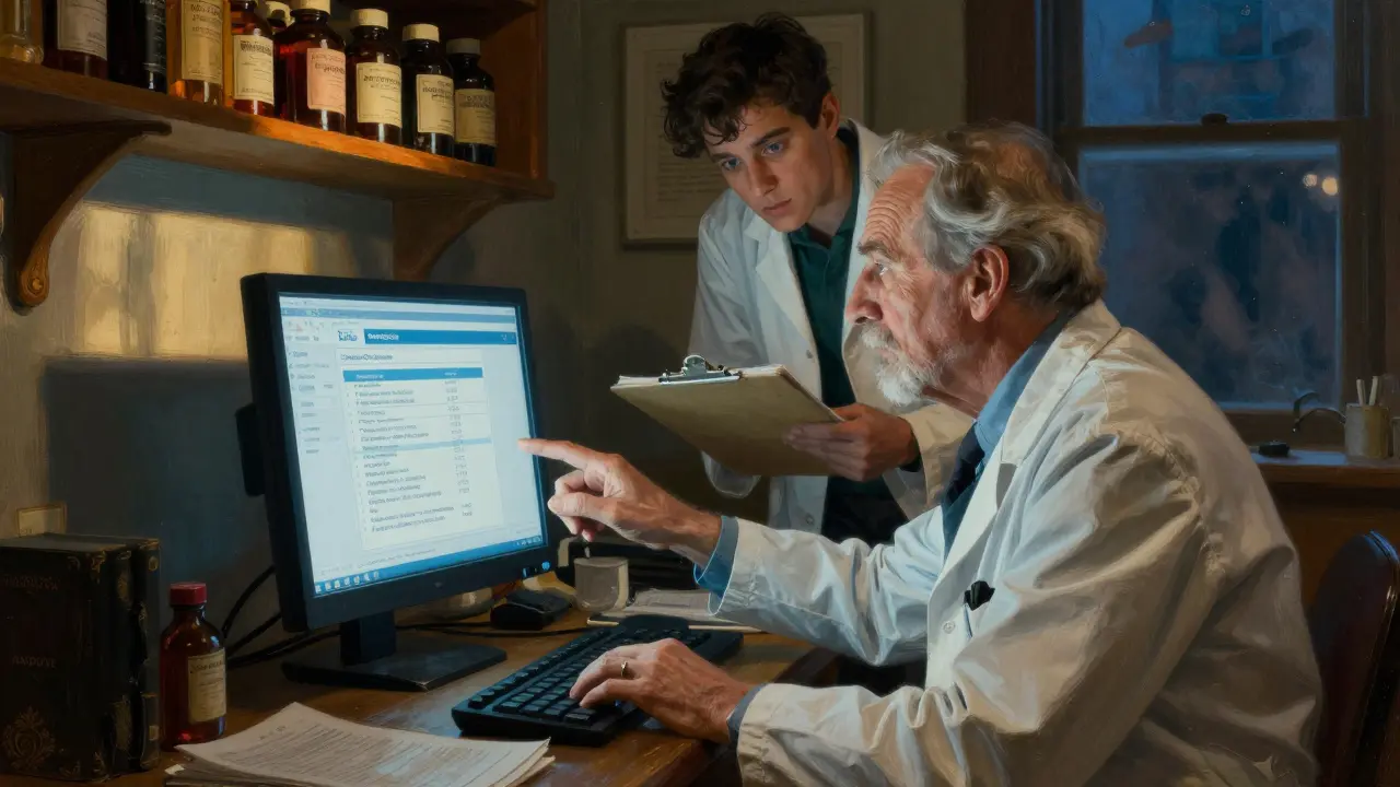 A doctor hesitates over a prescription screen while a pharmacist offers safer options, in dramatic Howard Pyle-style lighting.