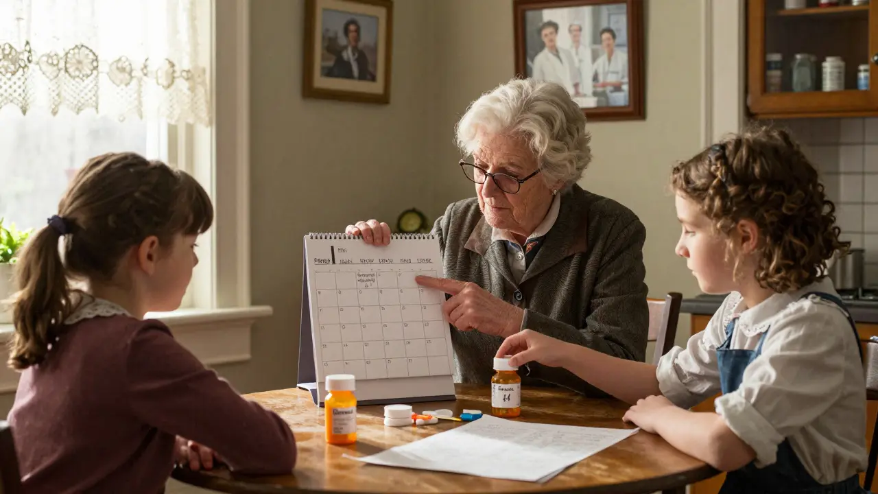 A family reviews expiration dates at home, with a low-cost generic pill bottle and refill reminder list on the table.