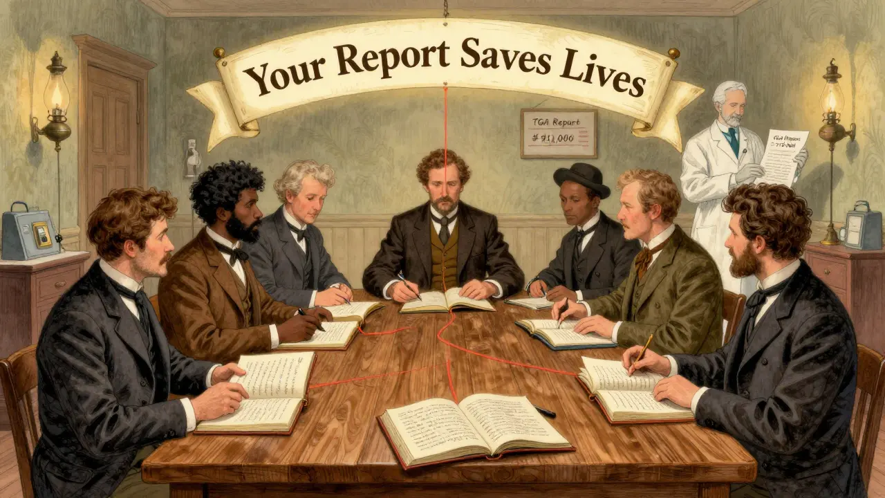 A group of people sharing medication journals under a banner about patient reports, lit by oil lamps in a historic setting.