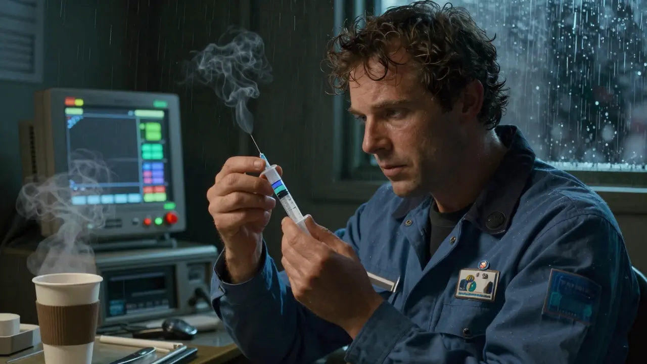 A paramedic administers epinephrine with a simplified syringe in a low-light emergency setting.