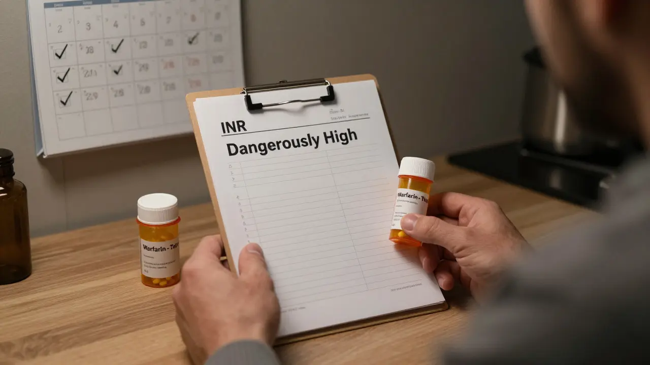 A patient examines a blood test result showing high INR levels next to a warfarin pill bottle, under dim kitchen lighting.