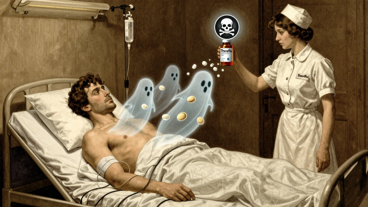 A patient in a hospital bed with ghostly drug molecules drifting from a Theraflu bottle toward his chest.