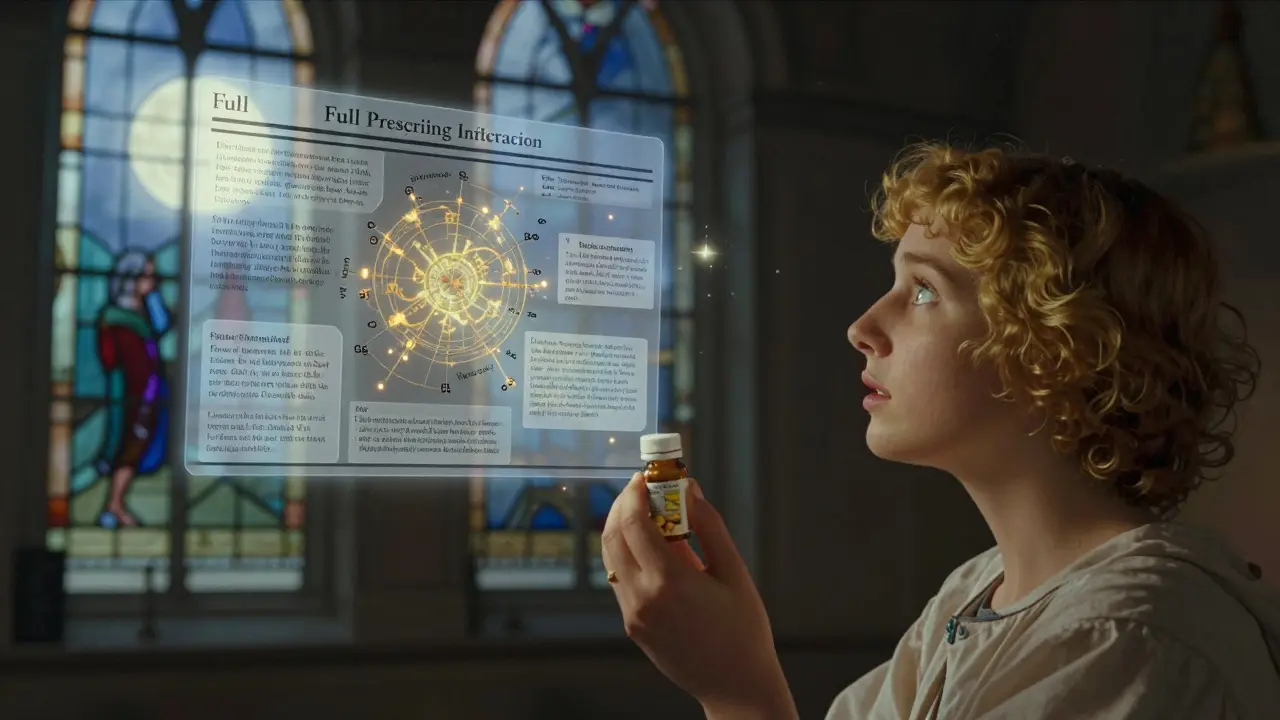 A patient looks up at a glowing, floating FDA drug label with translucent safety sections.