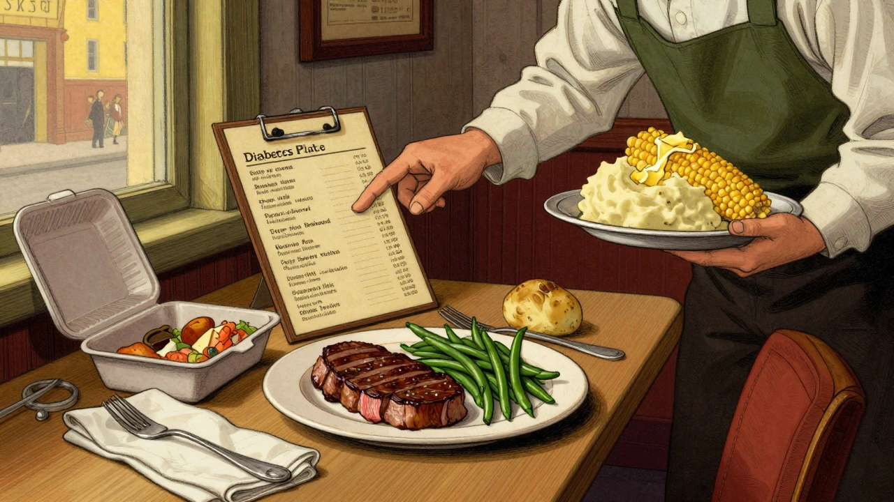 A person at a steakhouse eating lean meat and steamed veggies, leaving half their meal in a to-go box.