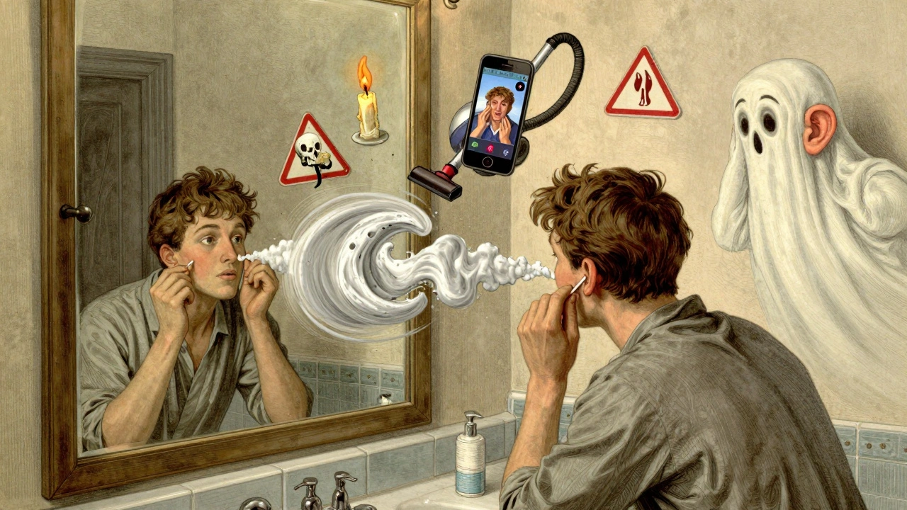 A person using a cotton swab is surrounded by dangerous ear-cleaning myths, while a wise ear spirit watches in dismay.