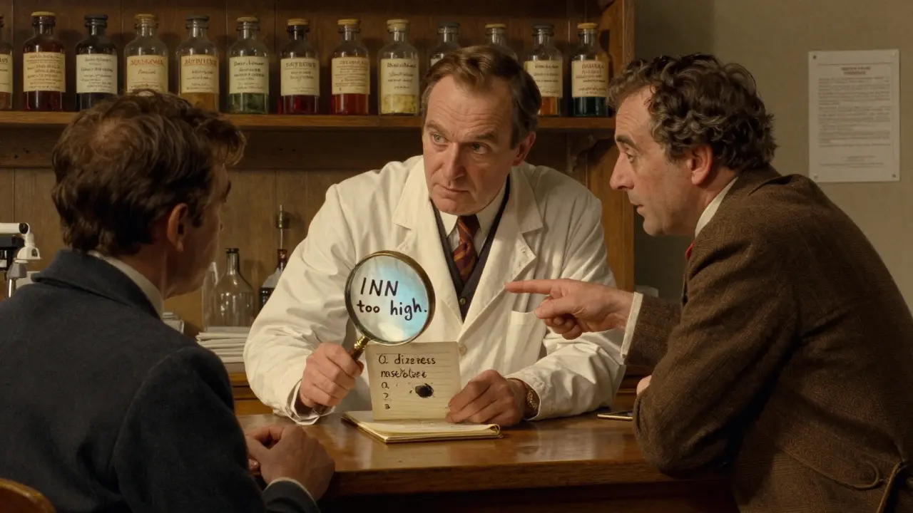 A pharmacist and patient reviewing a side effect diary at a wooden counter, with medicine bottles in the background.