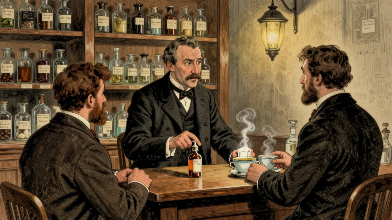 A pharmacist guides a customer away from risky cold medicine toward safer alternatives.