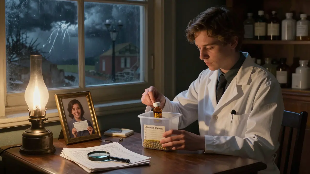 A pharmacist placing a questionable pill bottle in quarantine, surrounded by compliance records and a patient's photo under lamplight.