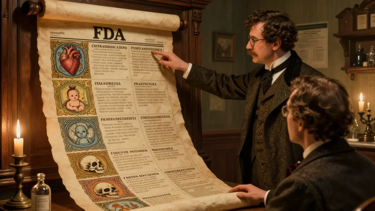 A pharmacist points to an illustrated FDA label scroll with symbolic sections in a vintage setting.