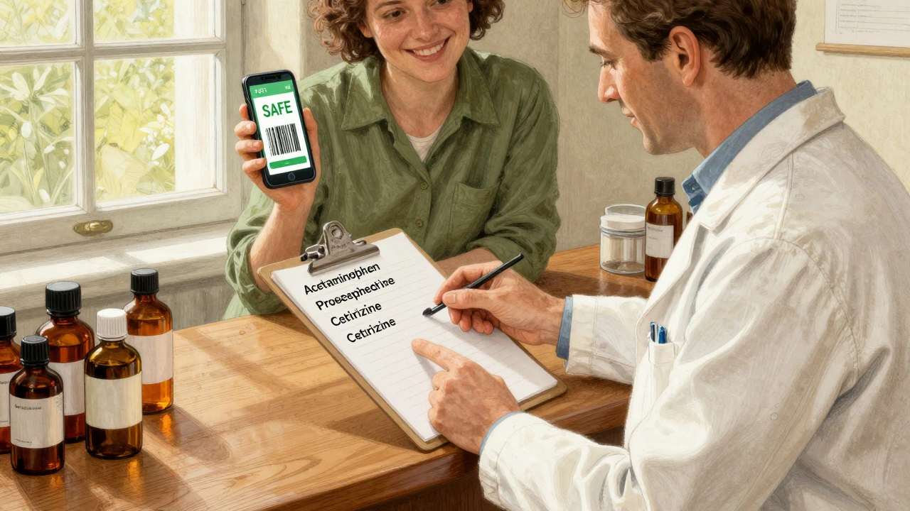 A pharmacist showing a patient a safe medication list under warm sunlight, with a phone displaying a green safety alert.