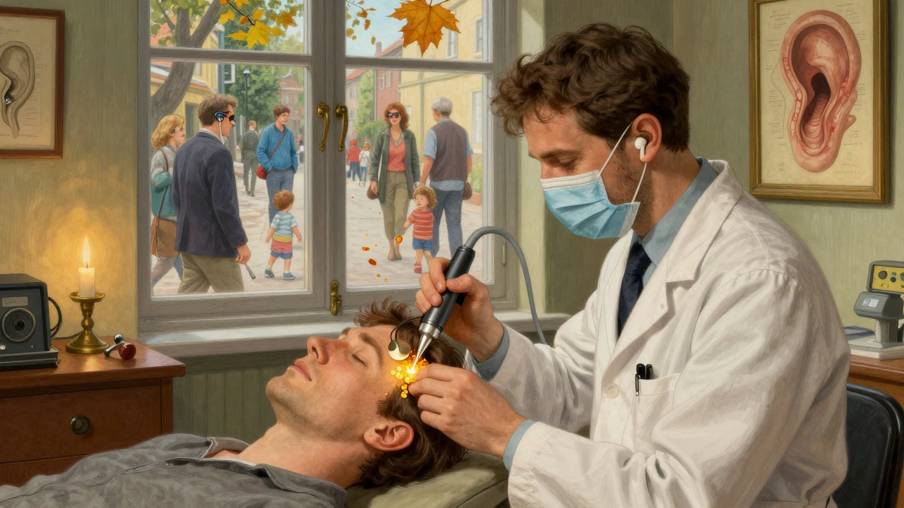 A professional removes earwax with microsuction in a calm clinic, golden wax particles floating away like leaves.