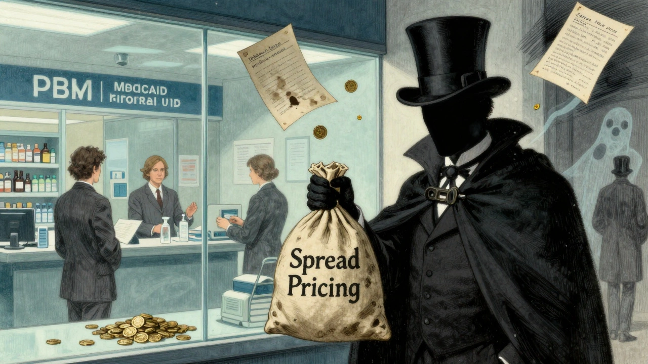 A shadowy PBM figure hoarding coins while pharmacies receive fair payments behind glass.