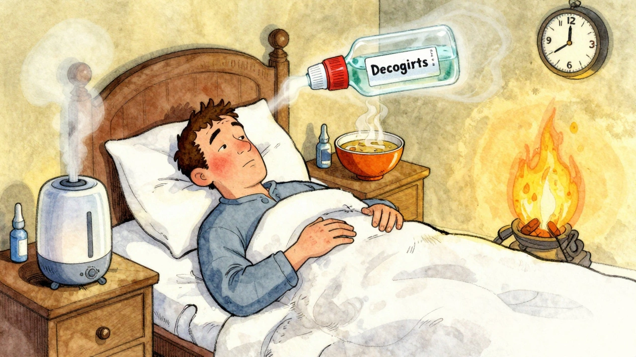 A sick man rests peacefully surrounded by natural remedies, while a decongestant bottle fades away.