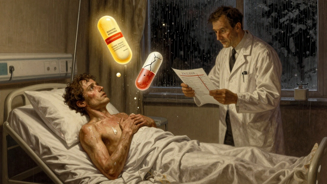 A sick patient in bed with floating pills showing brand vs. generic differences, under a doctor&#039;s worried gaze.