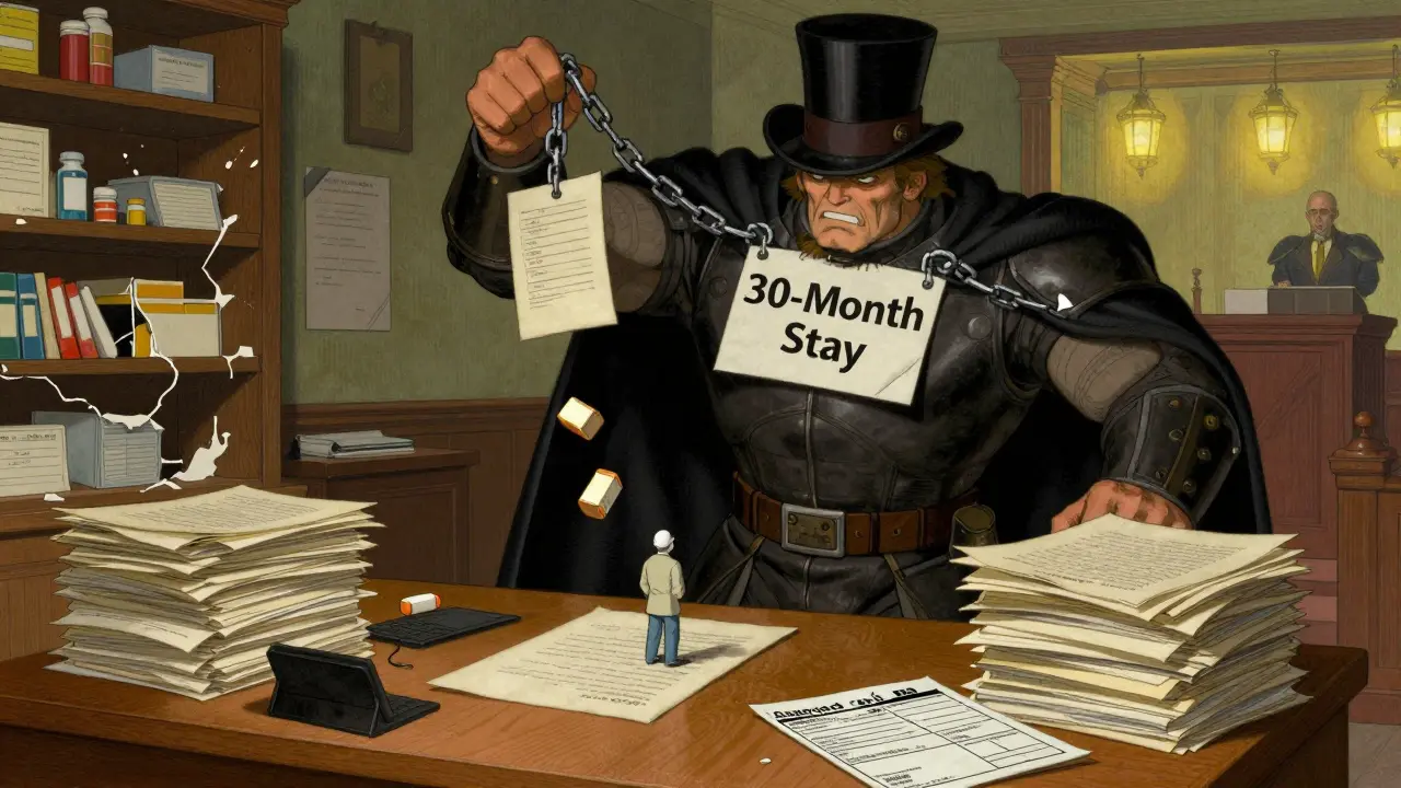 A small generic drug company is overwhelmed by a corporate figure dropping patents, while FDA approval sits ignored on the desk.