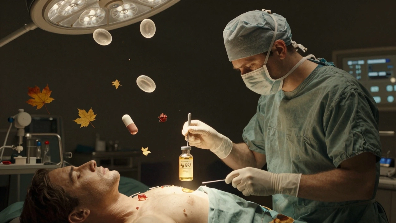 A surgeon pauses during surgery as a high-dose fish oil vial glows above an aspirin tablet, with floating platelets depicted in muted, dramatic tones.