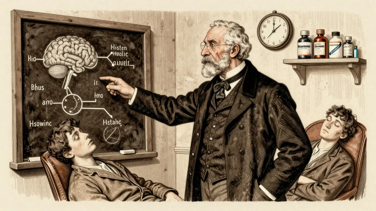 A Victorian doctor explains vertigo treatment on a chalkboard while a patient sleeps nearby.