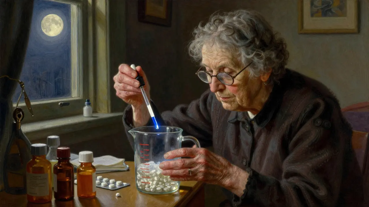 An elderly woman pours medication from a stable measuring cup with clear internal markings.