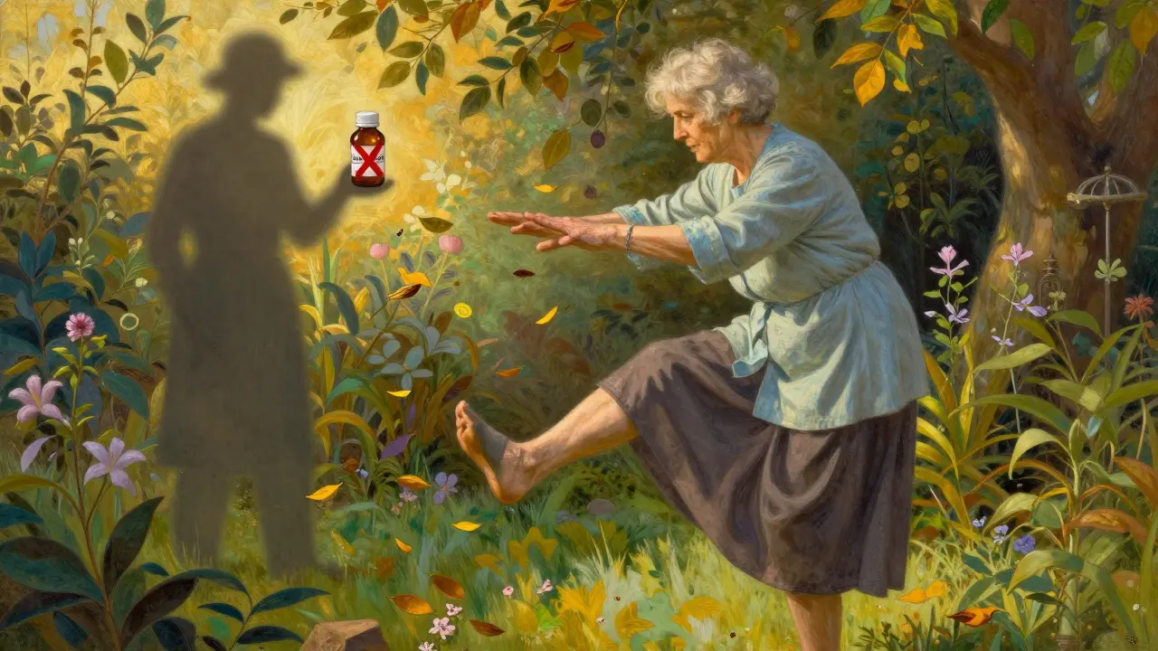 An elderly woman practicing balance exercises in a garden, with a forbidden meclizine bottle in shadow.